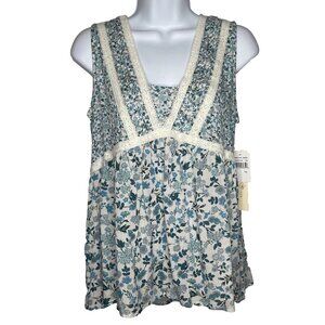 Penelope Rose Sleeveless Shirt Top White Blue Floral Ivory Lace Pintuck